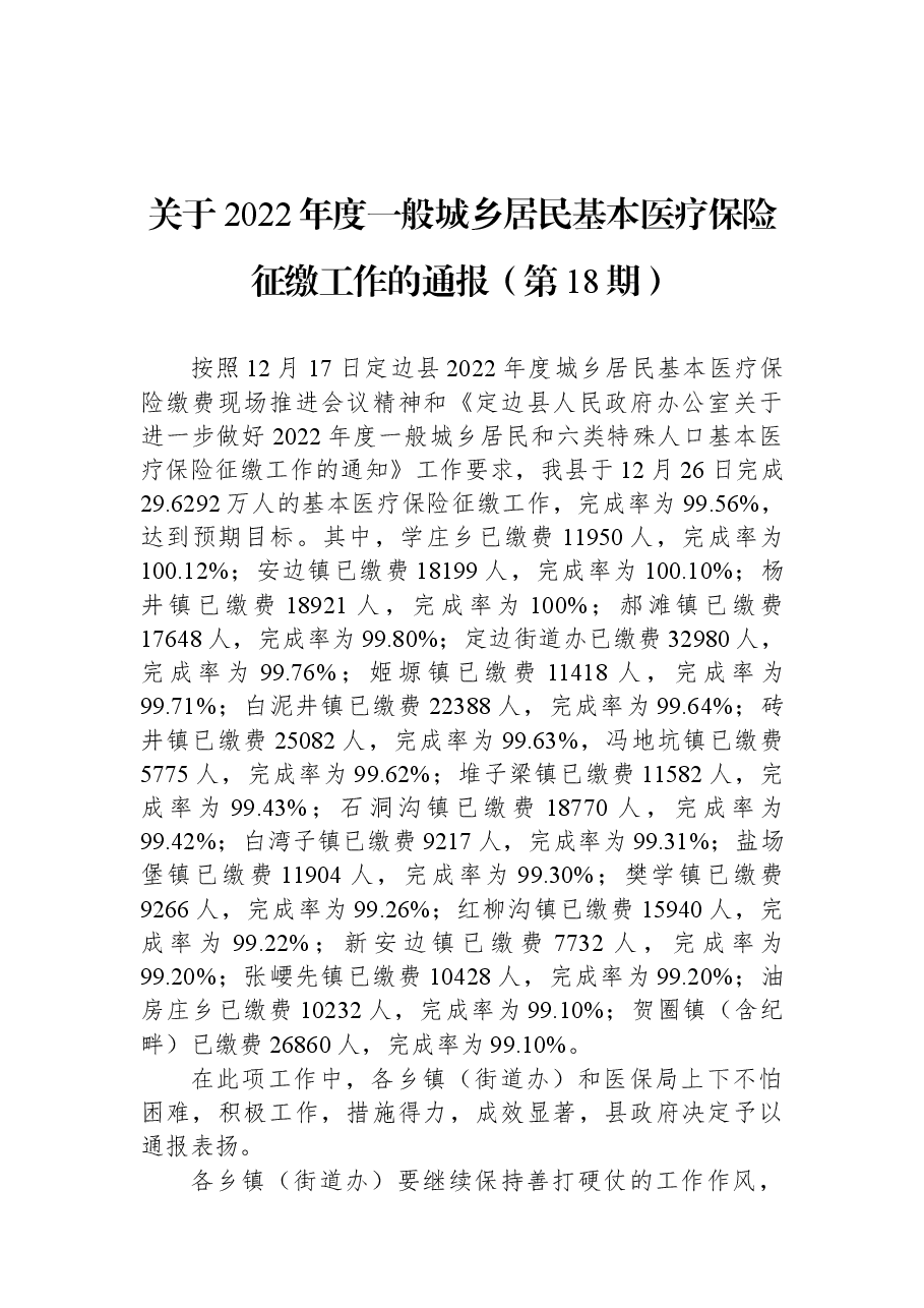 关于2022年度一般城乡居民基本医疗保险+征缴工作的通报（第18期）.docx，第1页预览