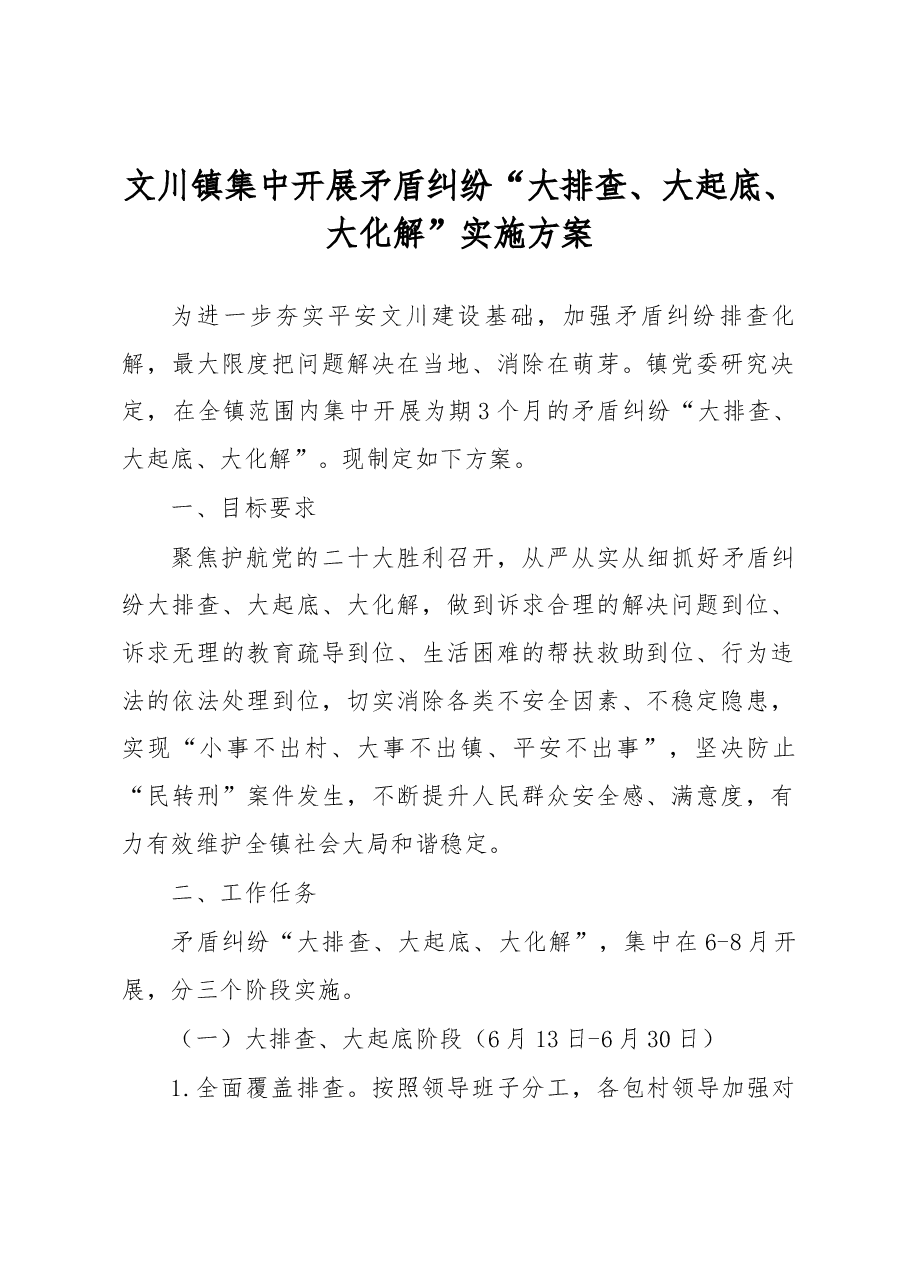 XX镇集中开展矛盾纠纷“大排查、大起底、大化解”实施方案.docx,第1页预览