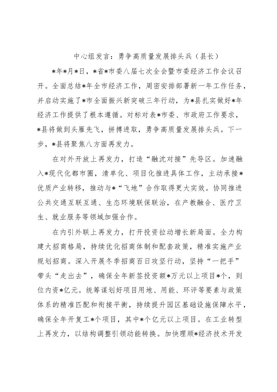 中心组发言：勇争高质量发展排头兵（县长）.docx，第1页预览