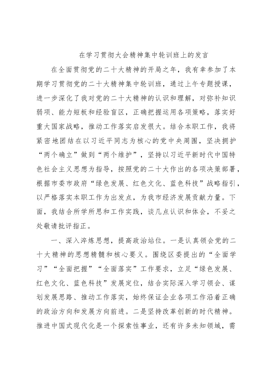 在学习贯彻大会精神集中轮训班上的发言.docx,第1页预览