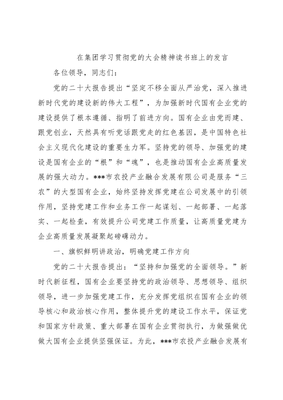在集团学习贯彻党的大会精神读书班上的发言.docx,第1页预览