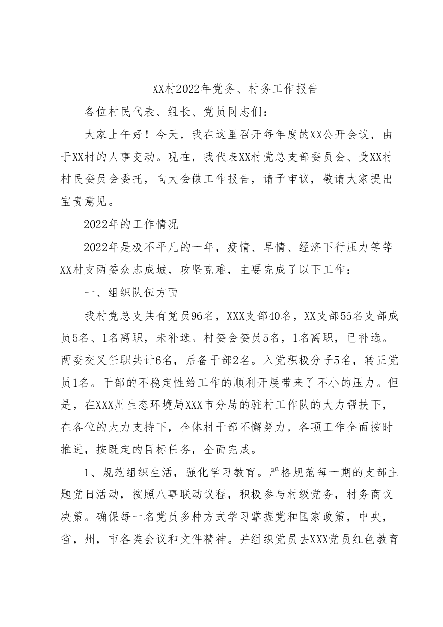 XX村2022年党务、村务工作报告.docx,第1页预览