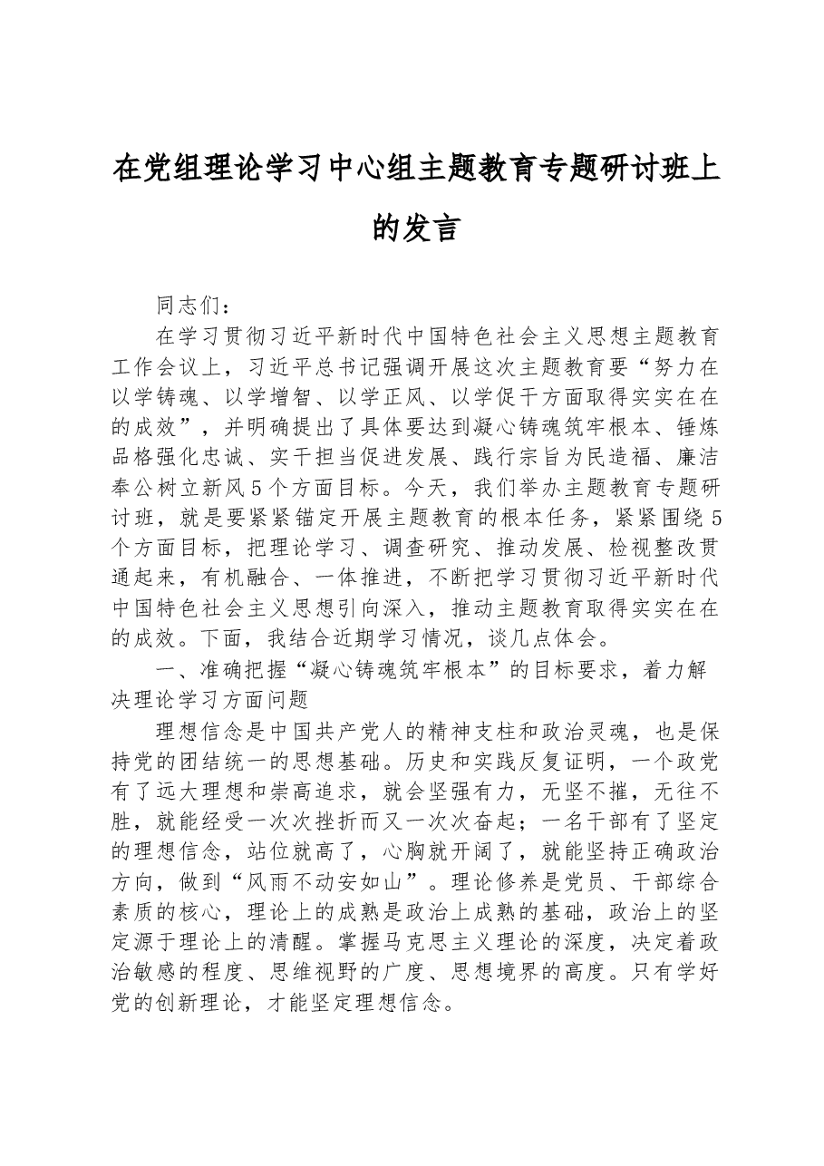 在党组理论学习中心组主题教育专题研讨班上的发言.docx,第1页预览