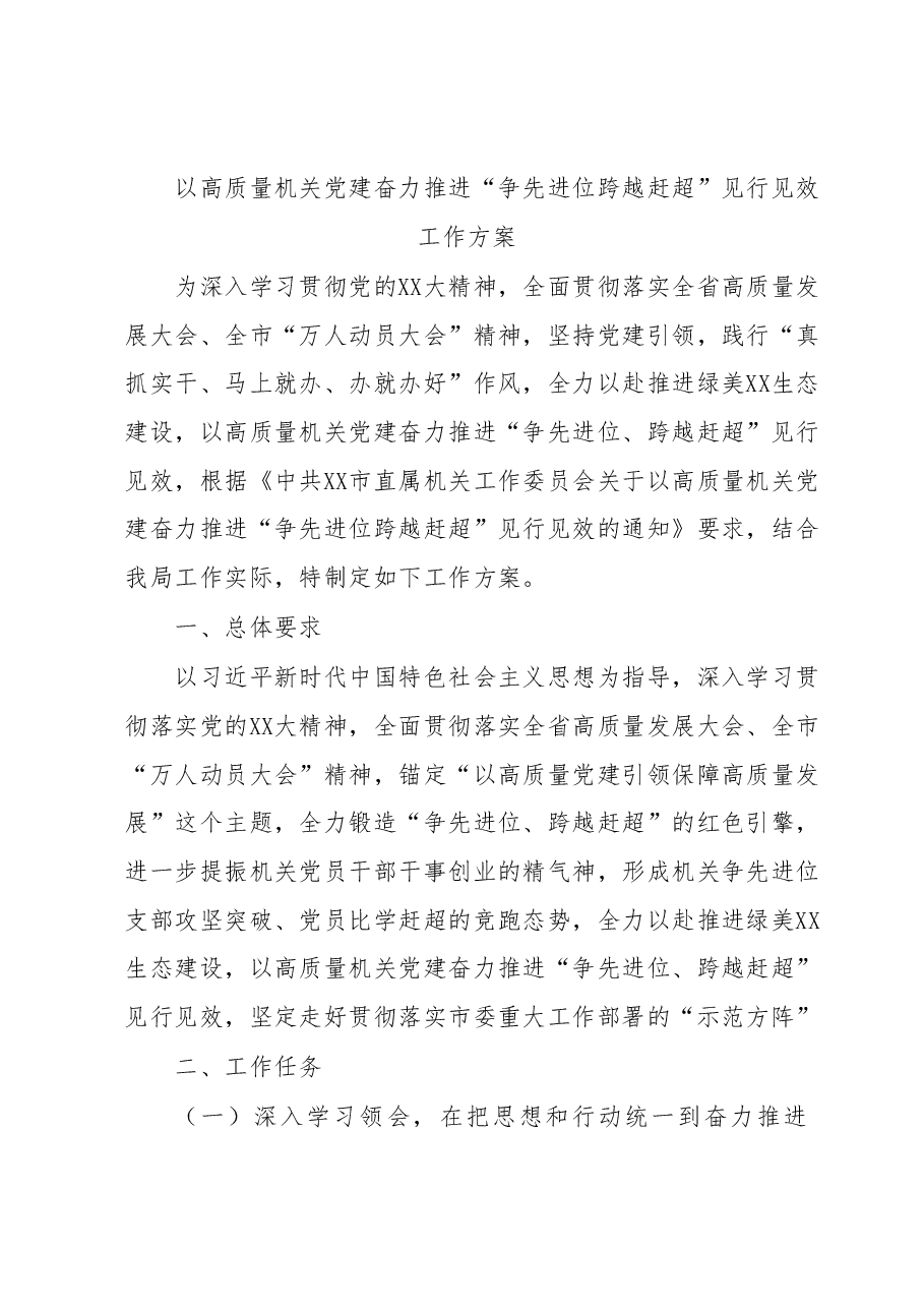 XX市林业局贯彻以高质量机关党建奋力推进“争先进位跨越赶超”见行见效工作方案.docx,第1页预览