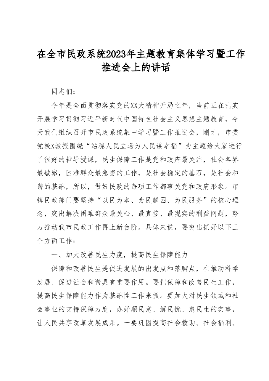 在全市民政系统2023年主题教育集体学习暨工作推进会上的讲话.docx，第1页预览