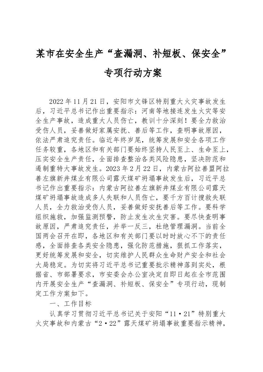 某市在安全生产“查漏洞、补短板、保安全”专项行动方案.docx,第1页预览