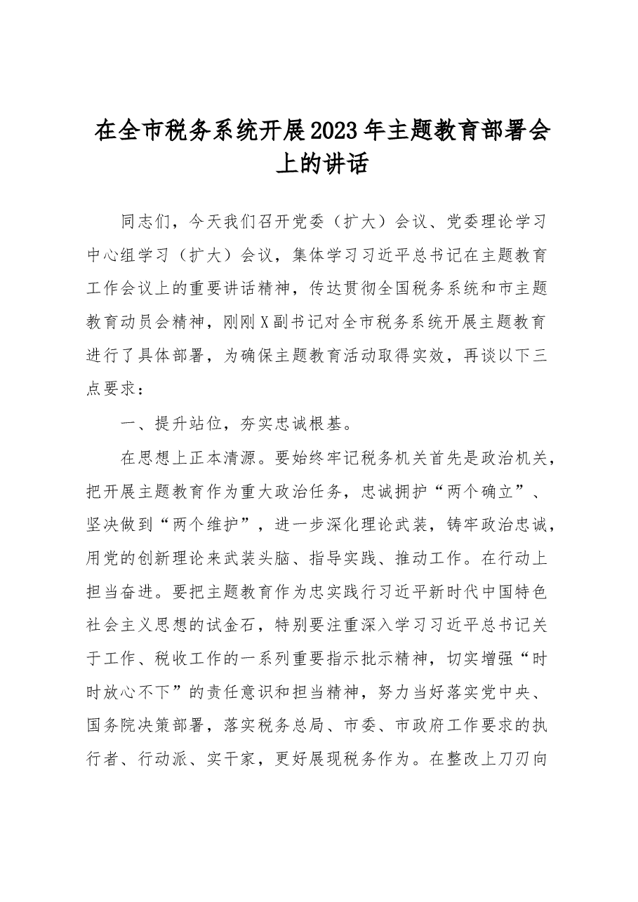 在全市税务系统开展2023年主题教育部署会上的讲话.docx,第1页预览