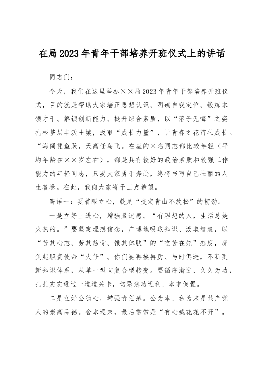在局2023年青年干部培养开班仪式上的讲话.docx,第1页预览