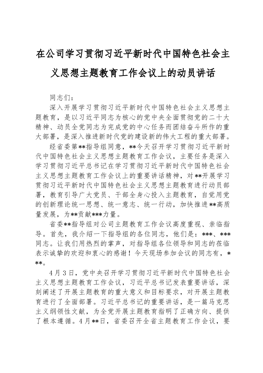在公司学习贯彻习近平新时代中国特色社会主义思想主题教育工作会议上的动员讲话.docx，第1页预览