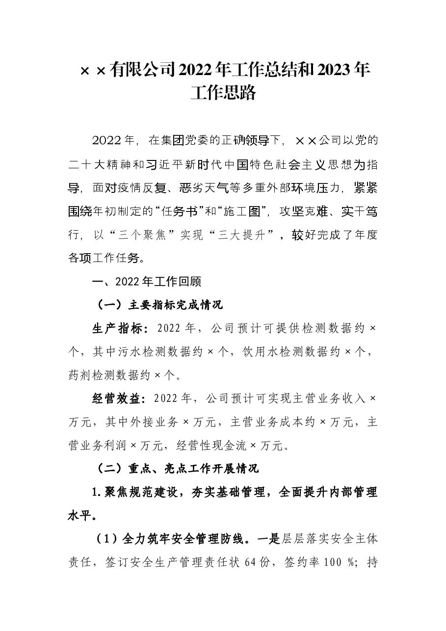 国有企业年度年度工作总结和工作思路.docx,第1页预览