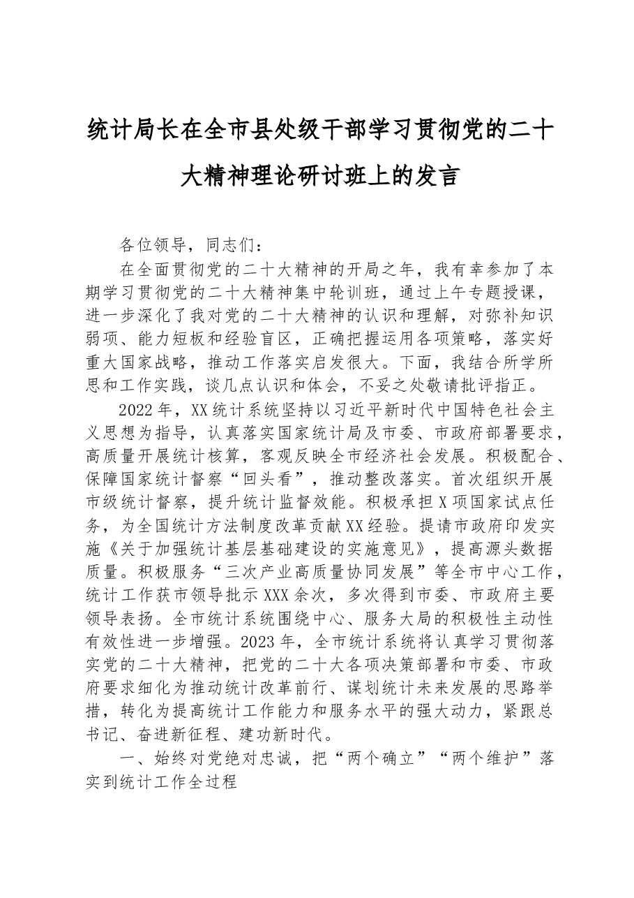 统计局长在全市县处级干部学习贯彻党的二十大精神理论研讨班上的发言.docx,第1页预览