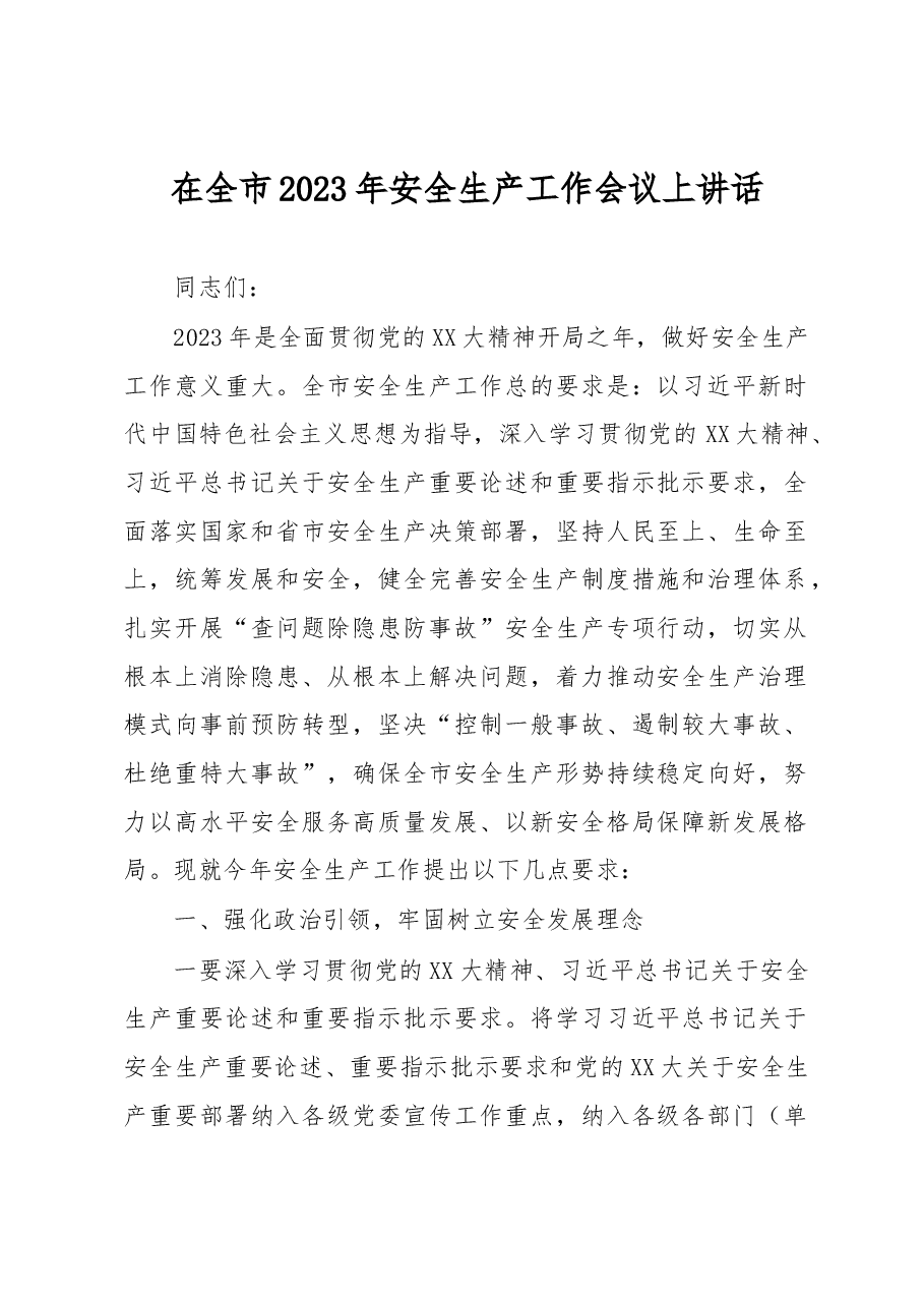 在全市2023年安全生产工作会议上讲话.docx,第1页预览