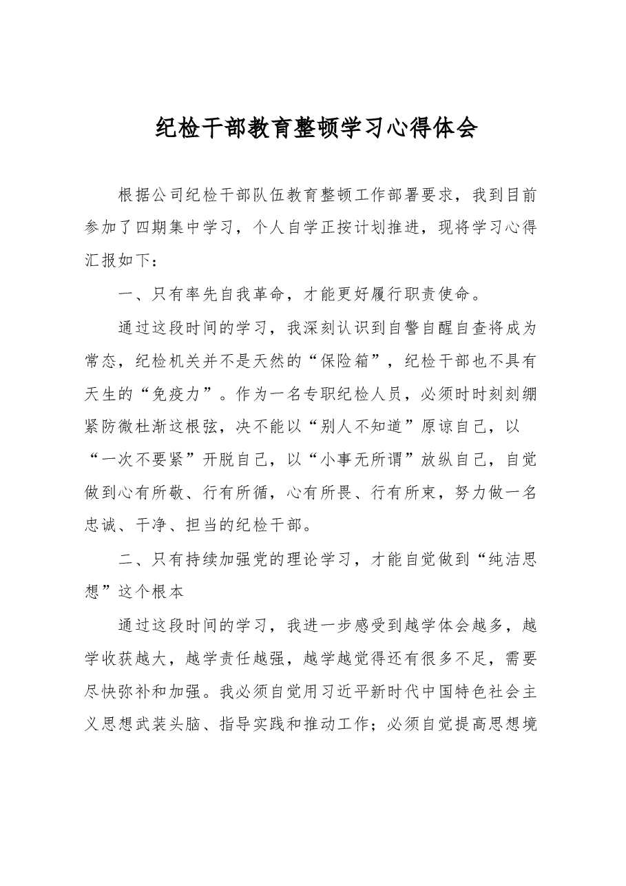 纪检干部教育整顿学习心得体会.docx,第1页预览