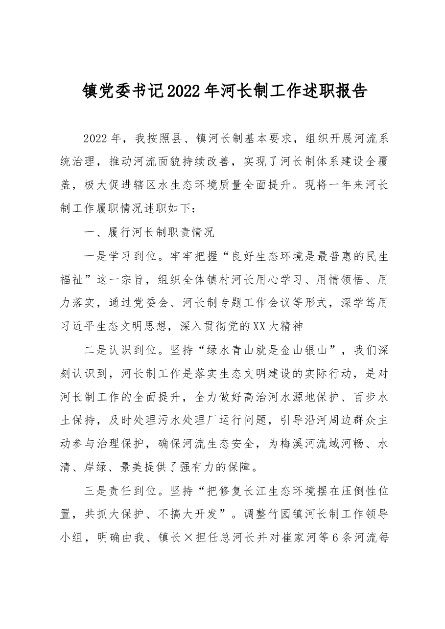 镇党委书记2022年河长制工作述职报告.docx,第1页预览