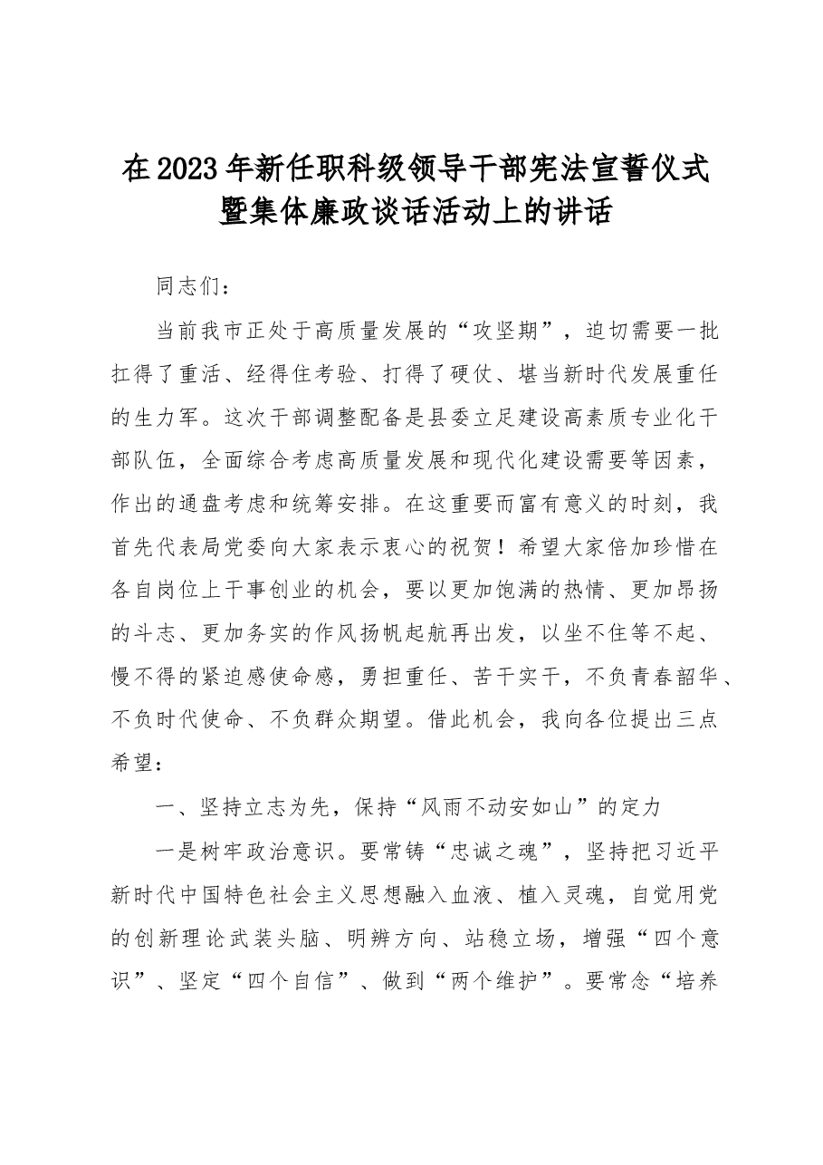在2023年新任职科级领导干部宪法宣誓仪式暨集体廉政谈话活动上的讲话.docx,第1页预览