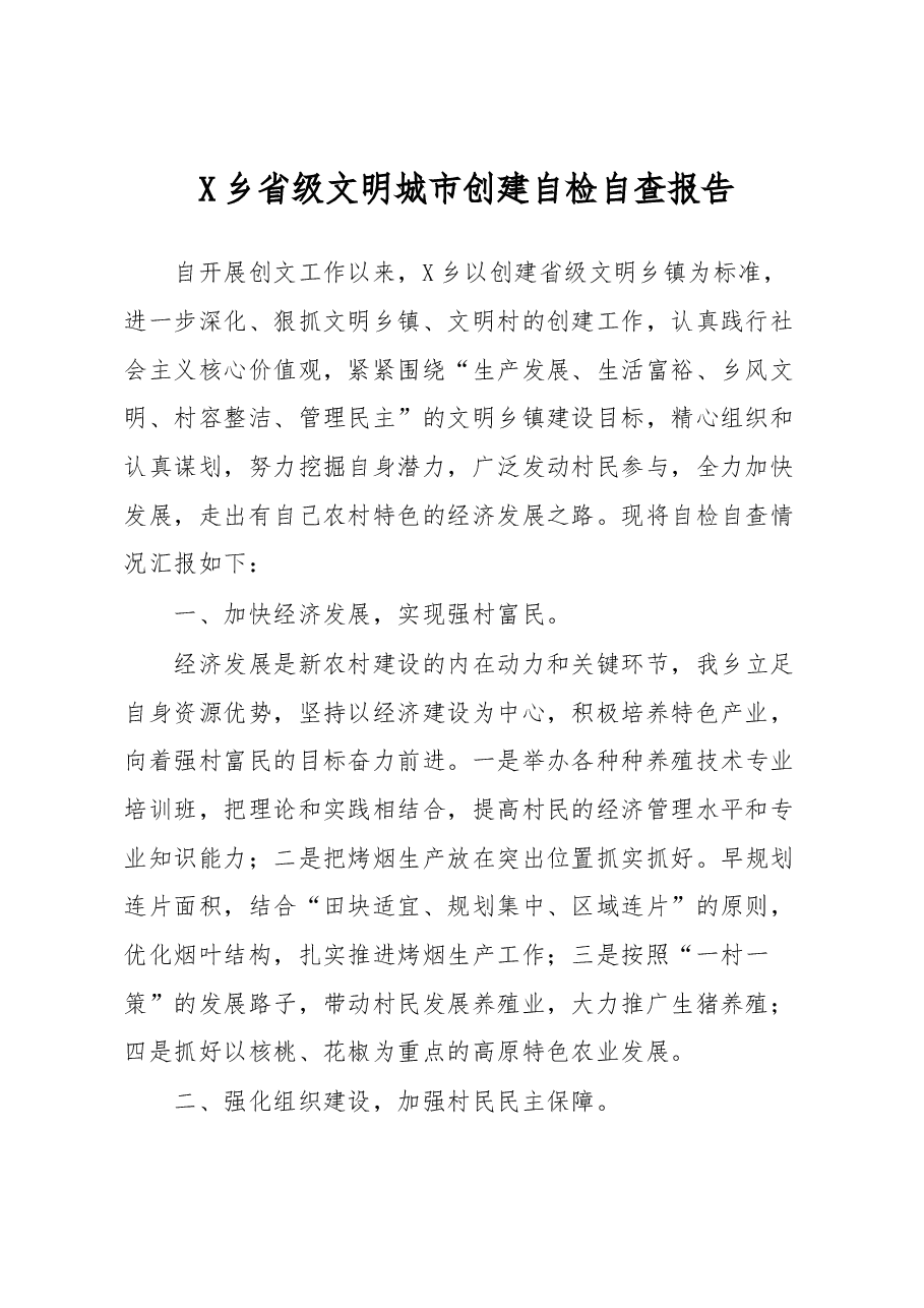 X乡省级文明城市创建自检自查报告.docx,第1页预览