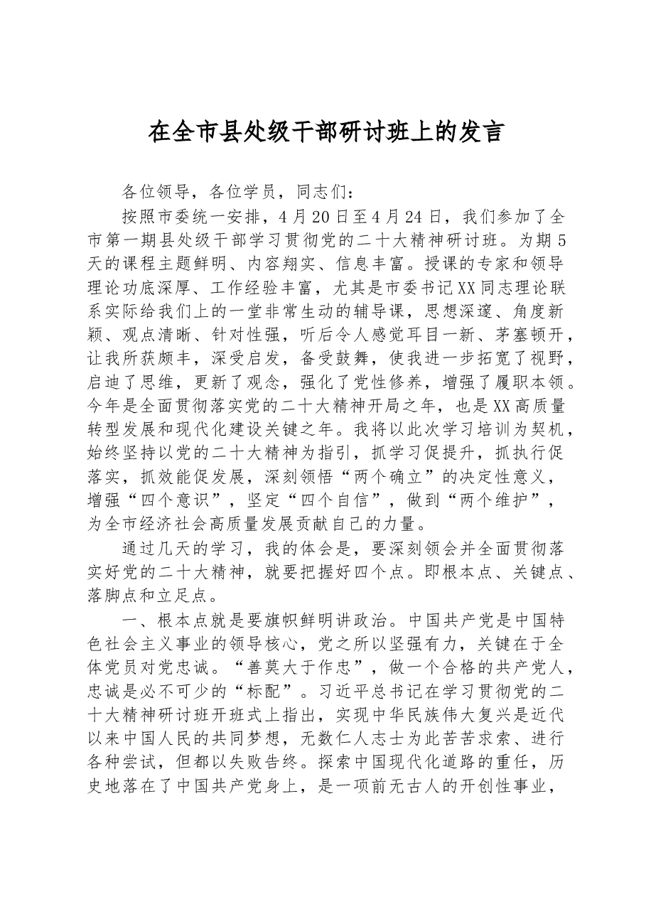 在全市县处级干部研讨班上的发言.docx，第1页预览