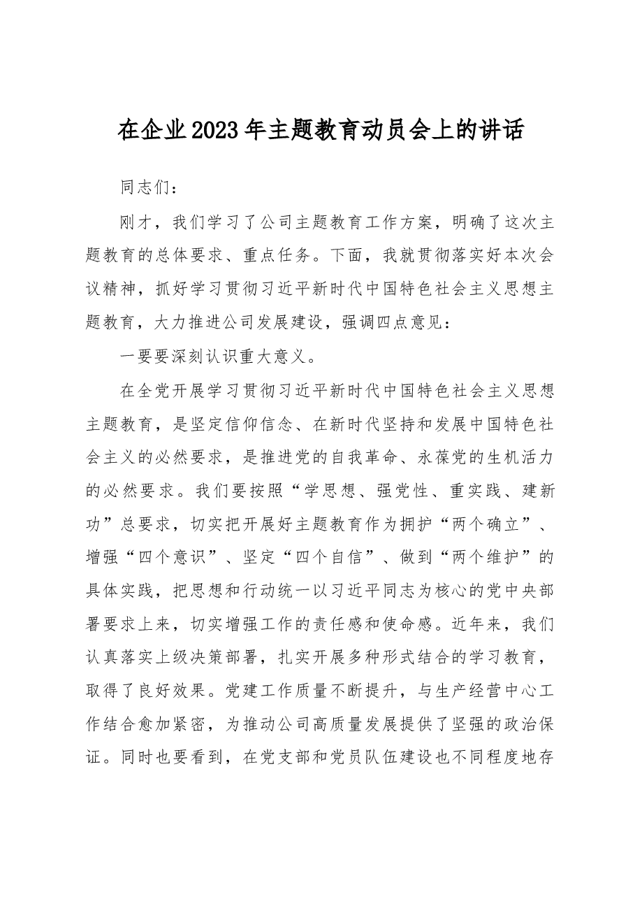 在企业2023年主题教育动员会上的讲话.docx,第1页预览