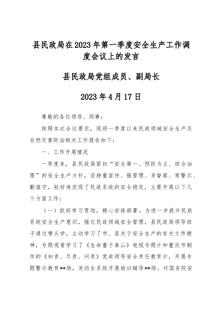 县民政局在2023年第一季度安全生产工作调度会议上的发言.docx,第1页预览