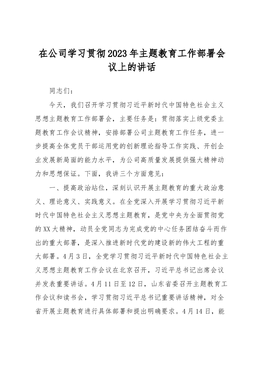 在公司学习贯彻2023年主题教育工作部署会议上的讲话.docx,第1页预览
