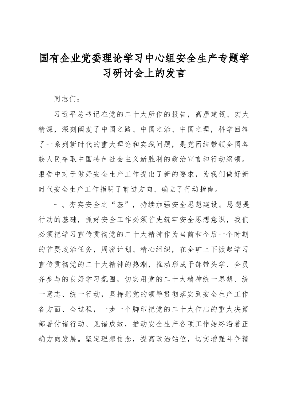 国有企业党委理论学习中心组安全生产专题学习研讨会上的发言.docx,第1页预览