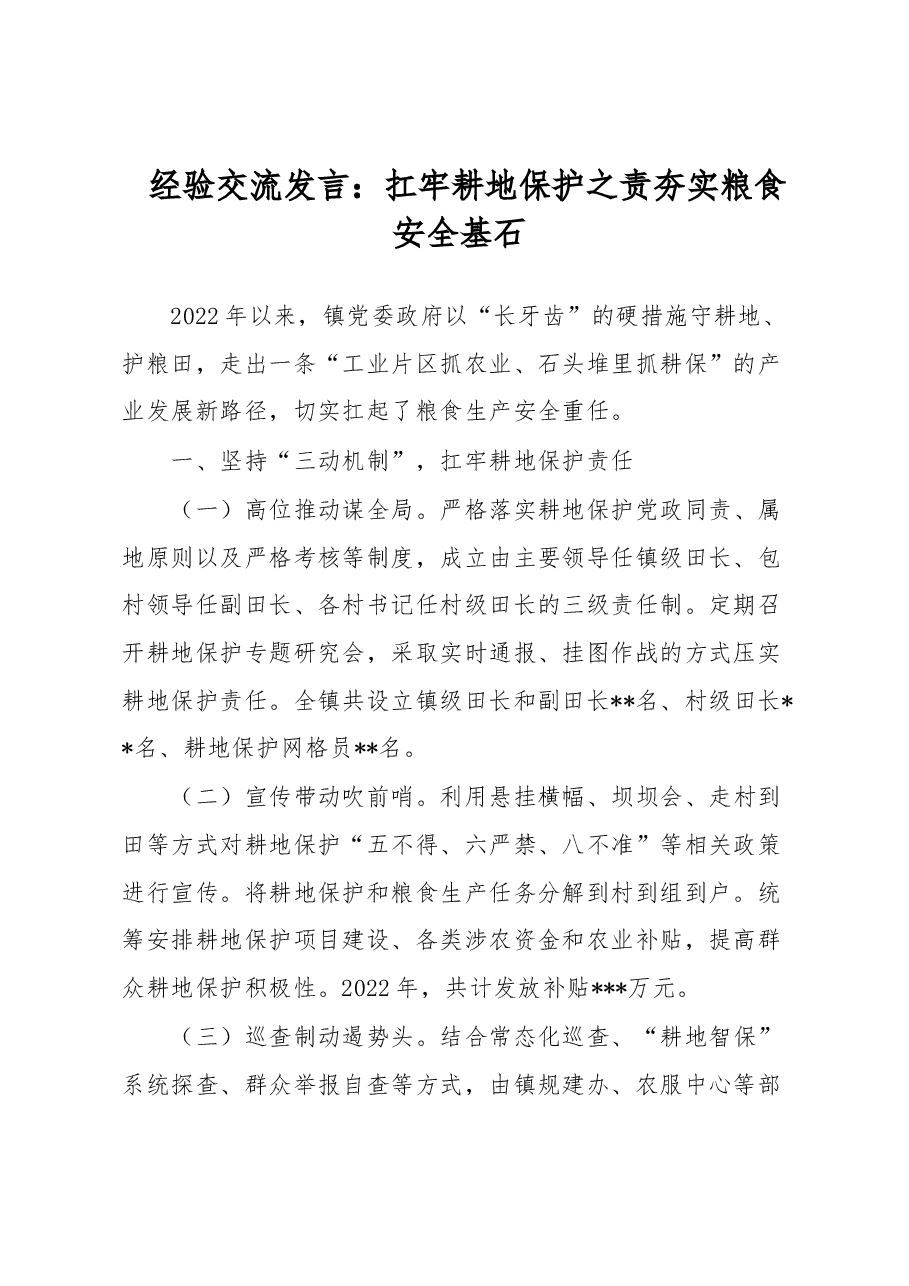 经验交流发言:扛牢耕地保护之责夯实粮食安全基石.docx,第1页预览