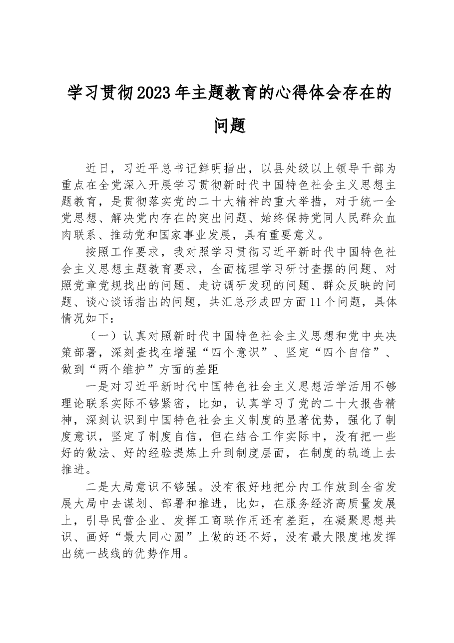 学习贯彻2023年主题教育的心得体会存在的问题.docx，第1页预览
