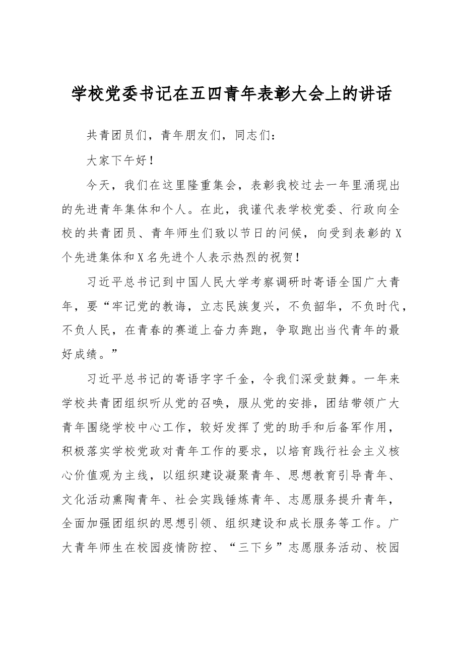 学校党委书记在五四青年表彰大会上的讲话.docx,第1页预览