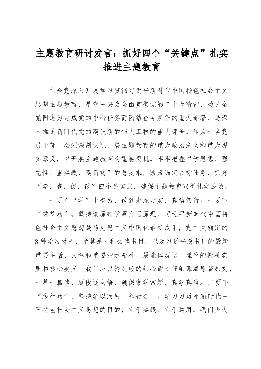 主题教育研讨发言：抓好四个“关键点”扎实推进主题教育.docx，第1页预览