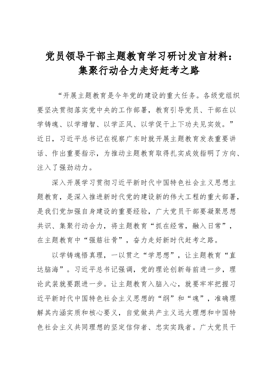 党员领导干部主题教育学习研讨发言材料:集聚行动合力走好赶考之路.docx,第1页预览