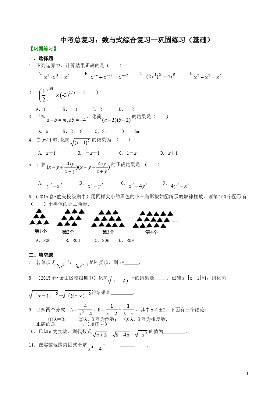中考数学总复习:数与式综合复习--巩固练习(基础).doc,第1页预览