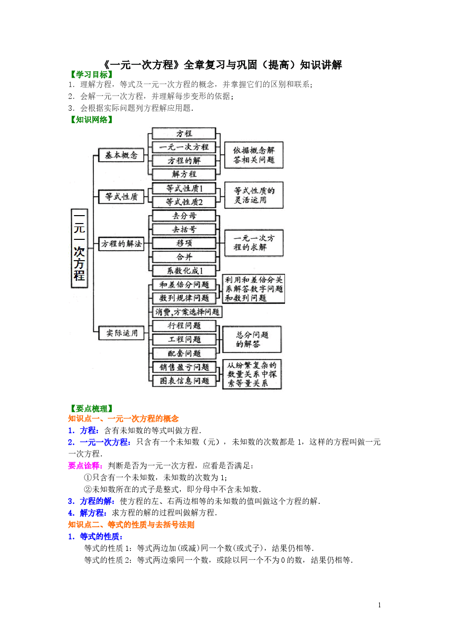 初中7年级(上册)《一元一次方程》全章复习与巩固(提高)知识讲解.doc,第1页预览