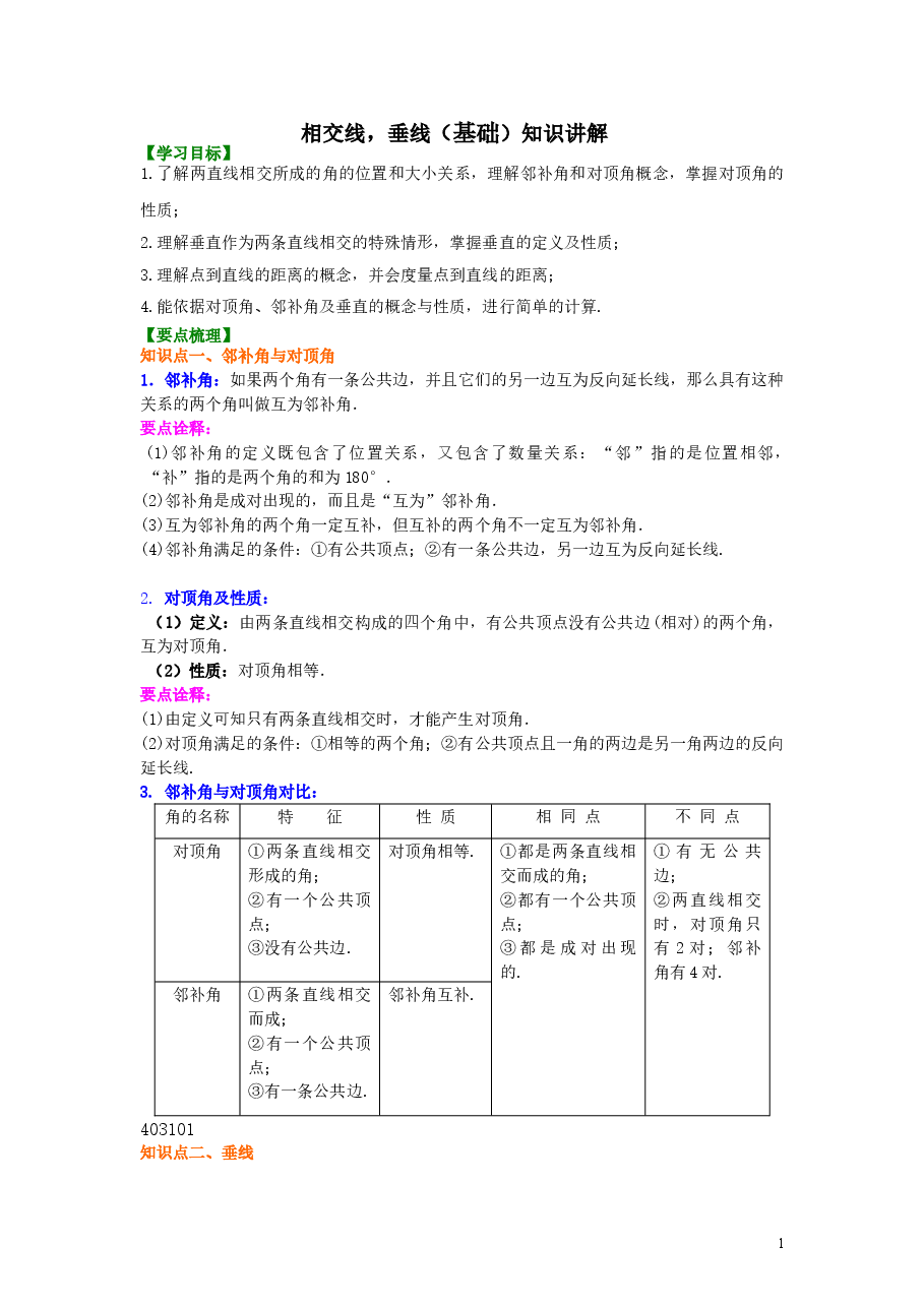 初中7年级(下册)相交线,垂线(基础)知识讲解.doc,第1页预览