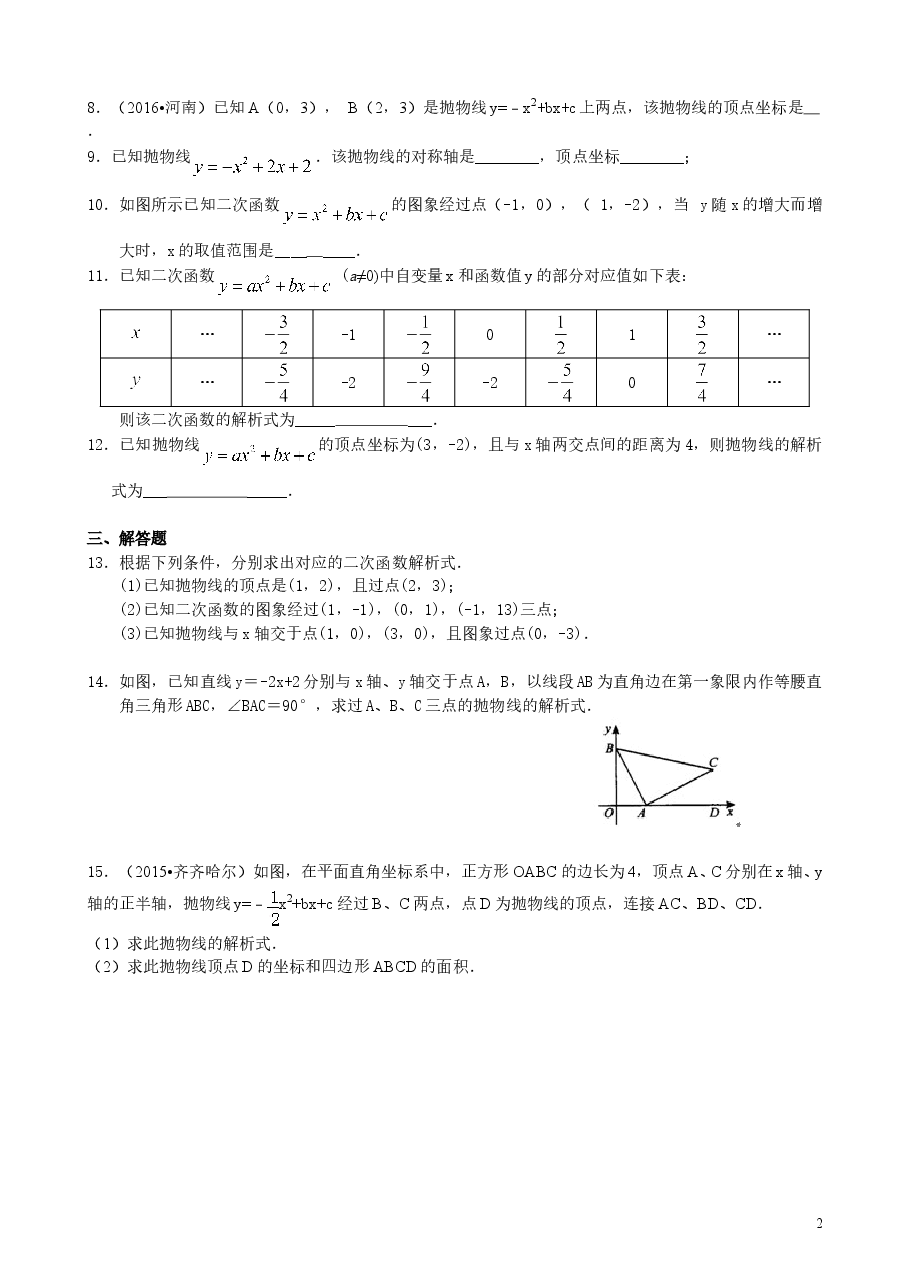 初中数学9年级待定系数法求二次函数的解析式—巩固练习(基础).doc,第2页预览