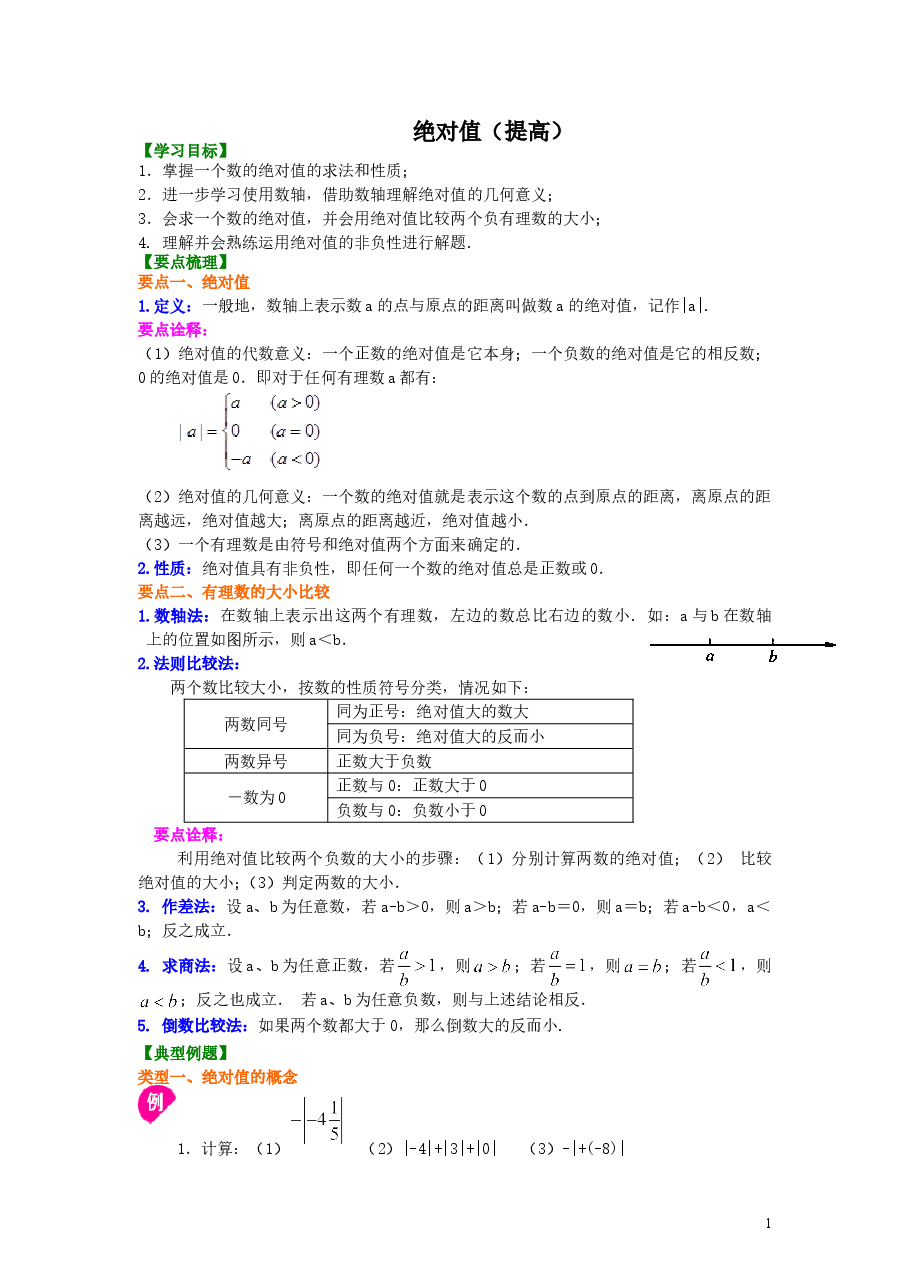 初中7年级(上册)绝对值(提高)知识讲解.doc,第1页预览