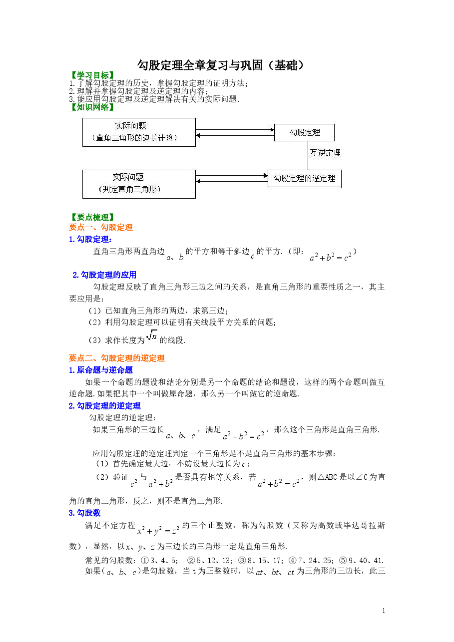 初中8年级(下册)勾股定理全章复习与巩固(基础)知识讲解.doc,第1页预览