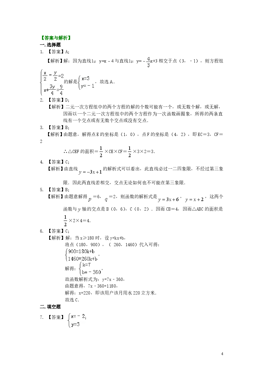 初中8年级(下册)一次函数与一次方程(组)(提高)巩固练习.doc,第4页预览