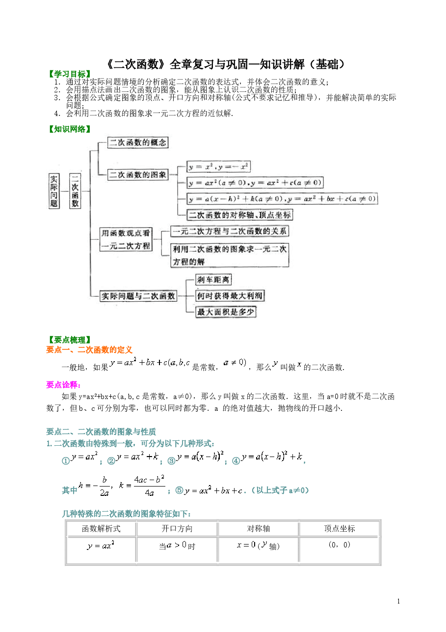 初中数学9年级《二次函数》全章复习与巩固—知识讲解(基础).doc,第1页预览
