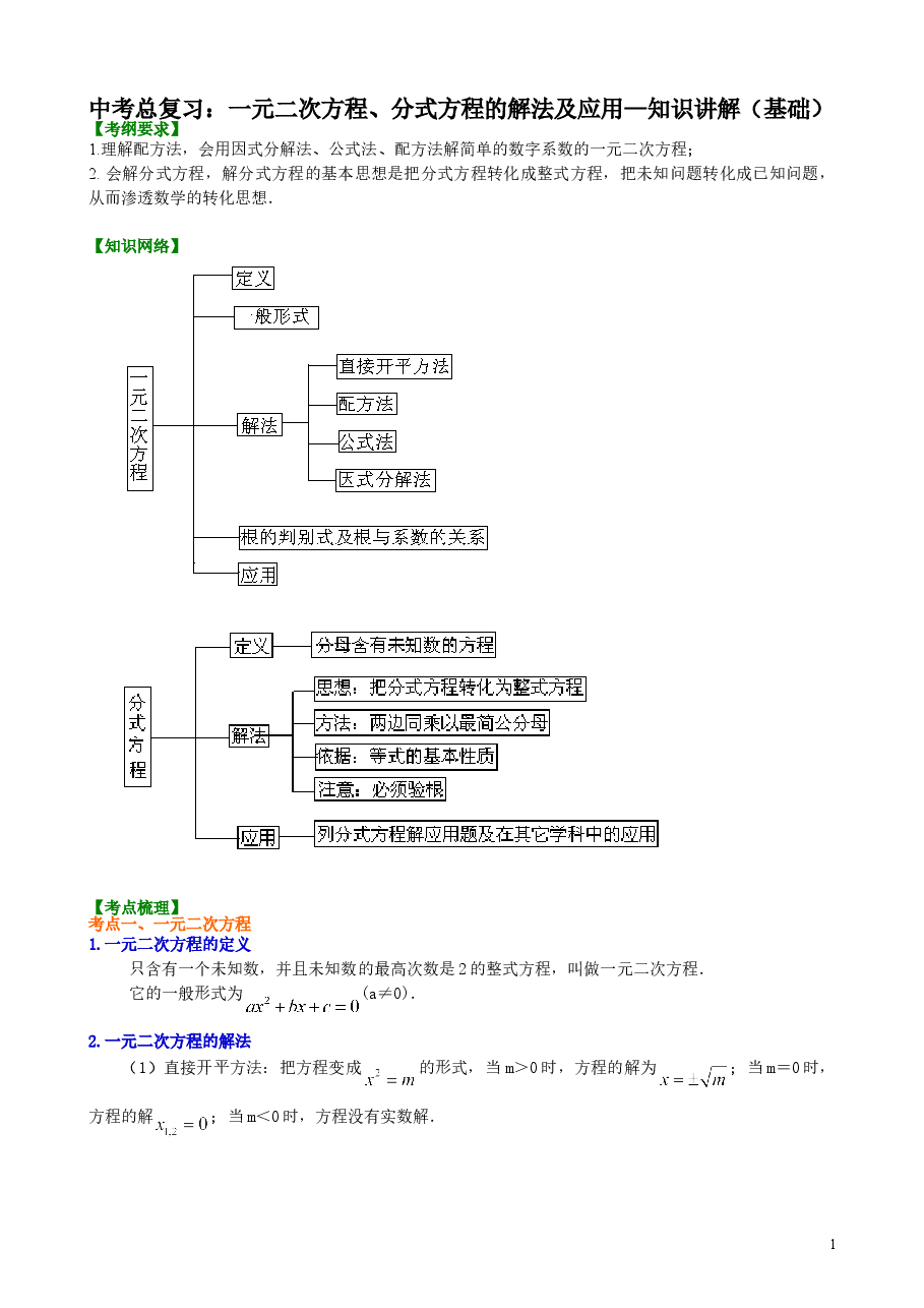 中考数学总复习：一元二次方程、分式方程的解法及应用--知识讲解（基础）.doc，第1页预览