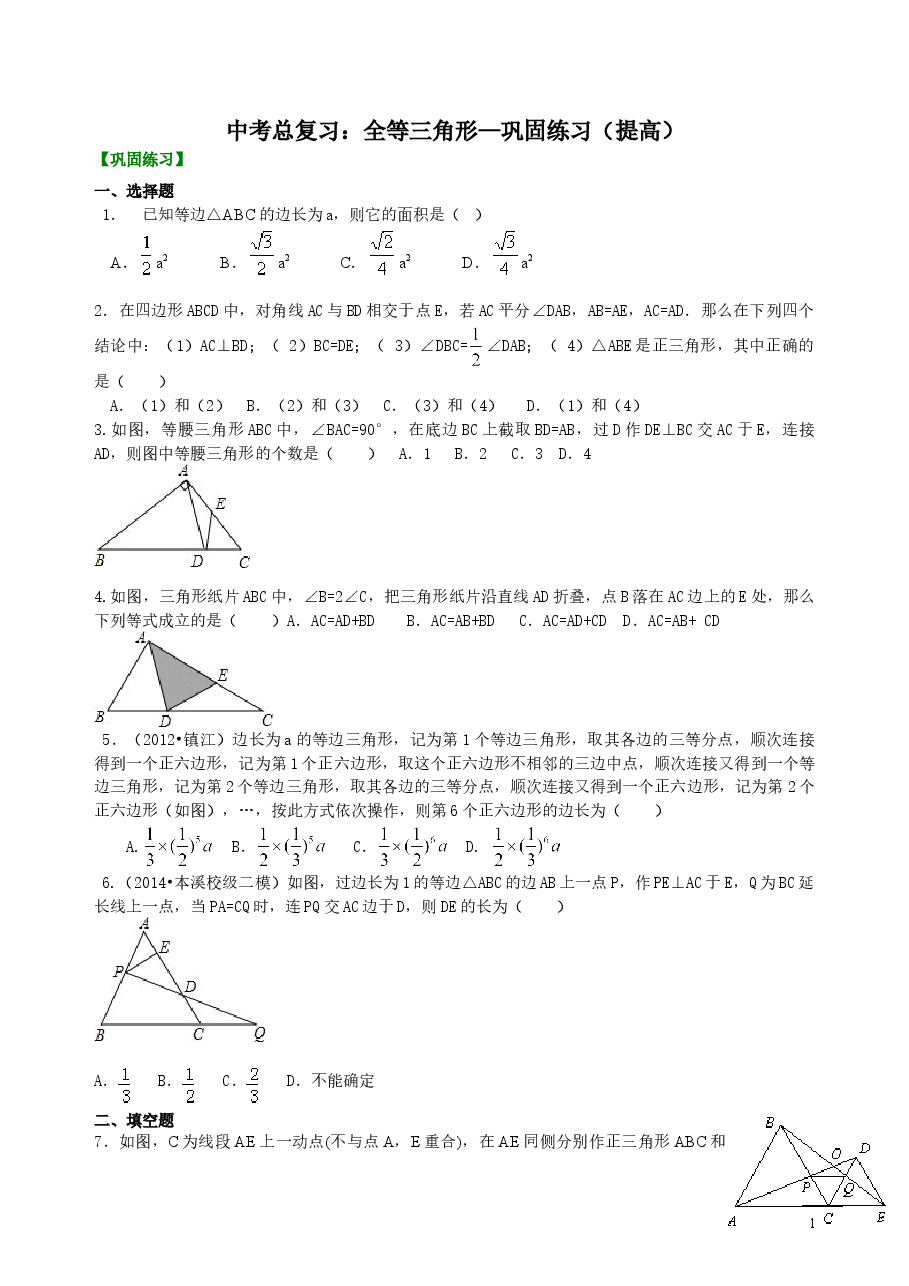 中考数学总复习：特殊三角形--巩固练习（提高）.doc，第1页预览