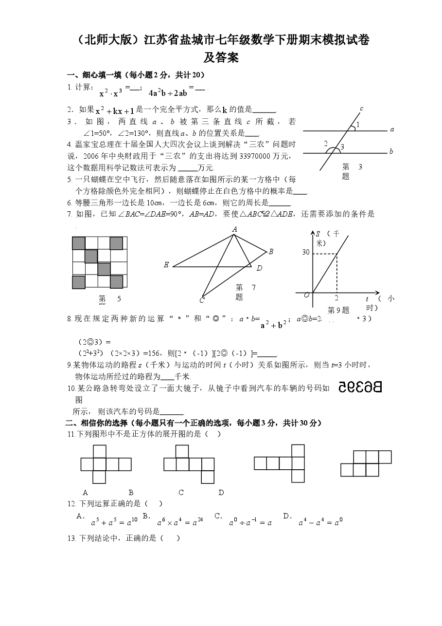(北师大版)江苏省盐城市七年级数学下册期末模拟试卷及答案(初中数学7年级下册).doc,第1页预览