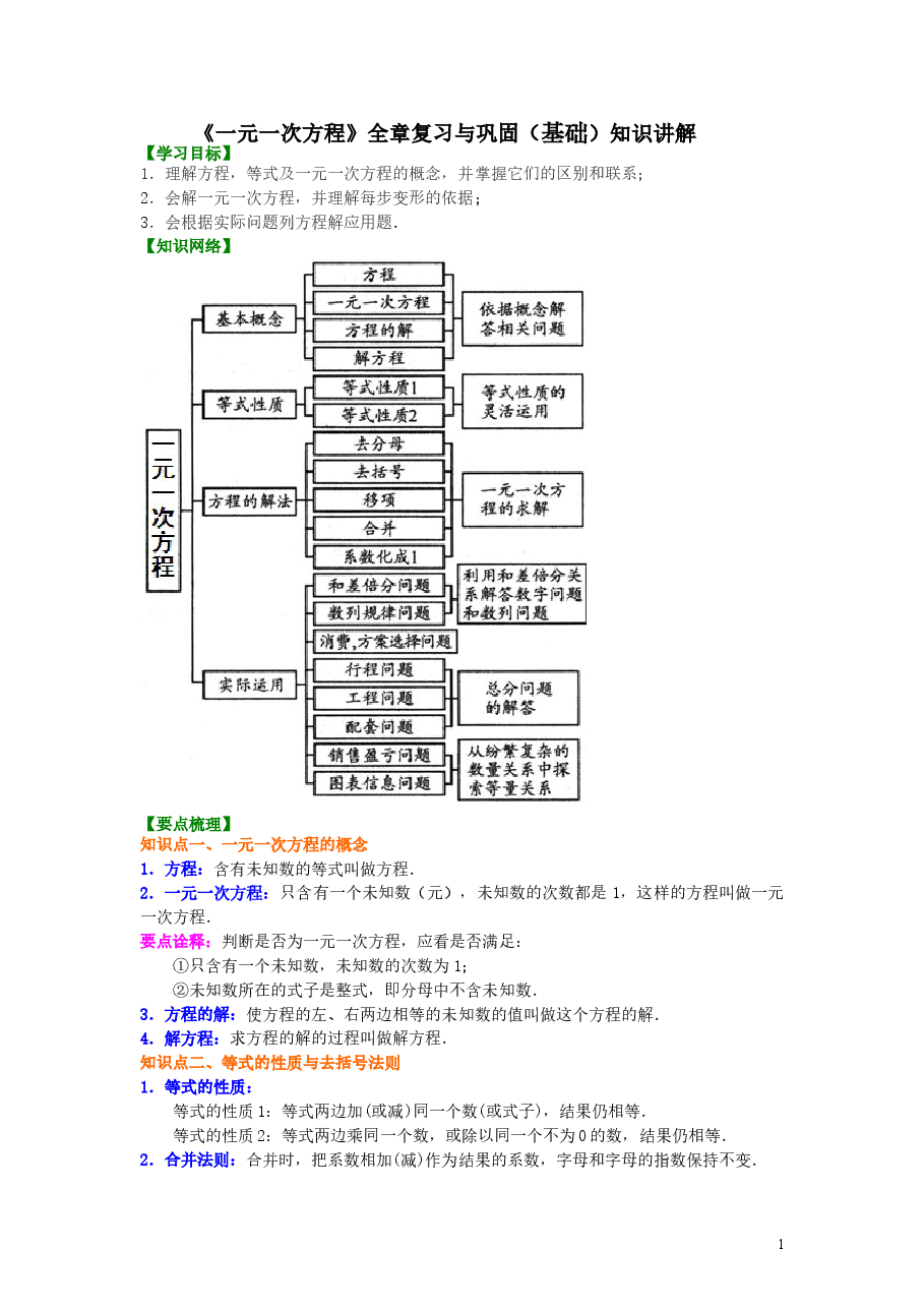 初中7年级(上册)《一元一次方程》全章复习与巩固(基础)知识讲解.doc,第1页预览