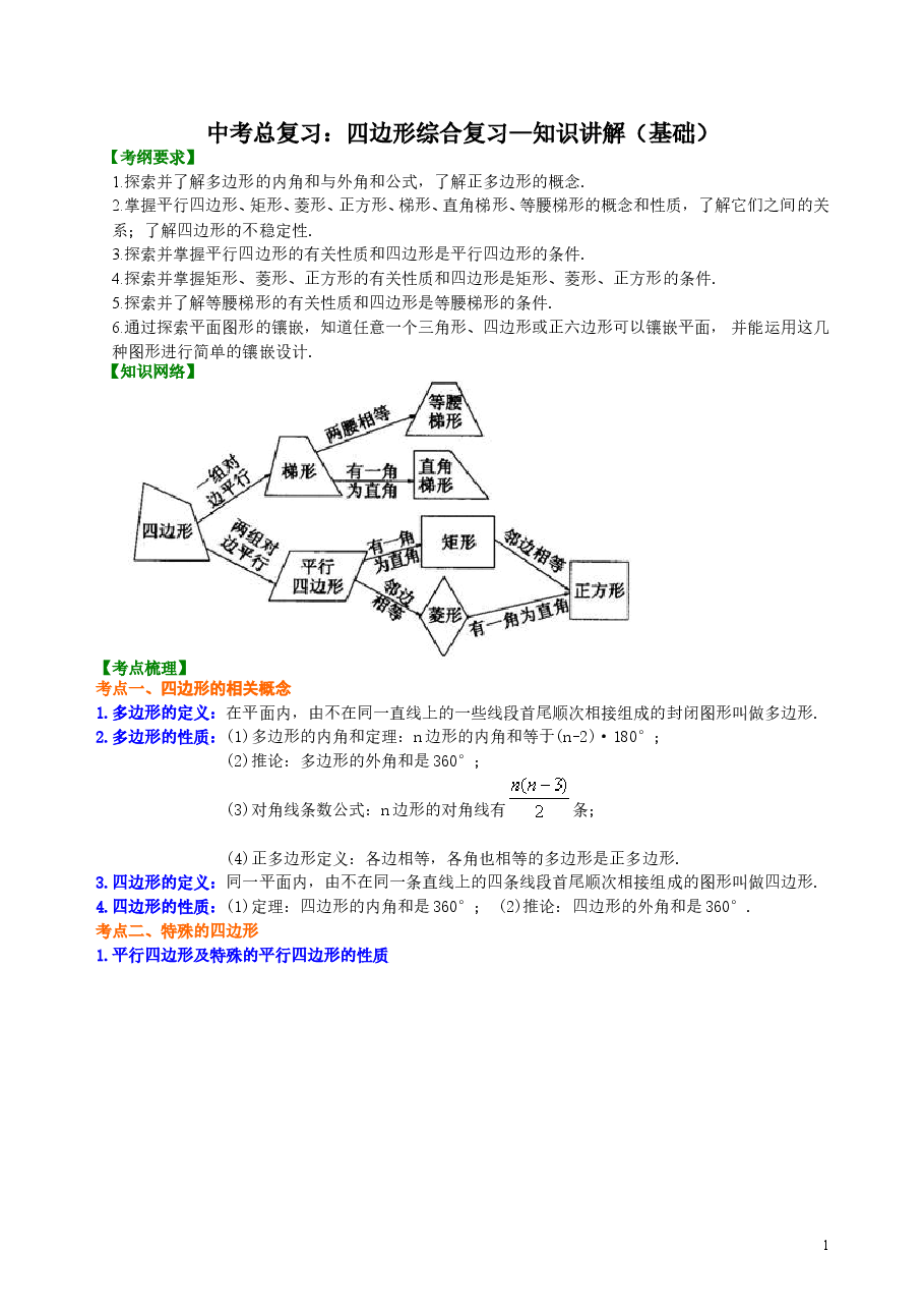 中考数学总复习:四边形综合复习--知识讲解(基础).doc,第1页预览