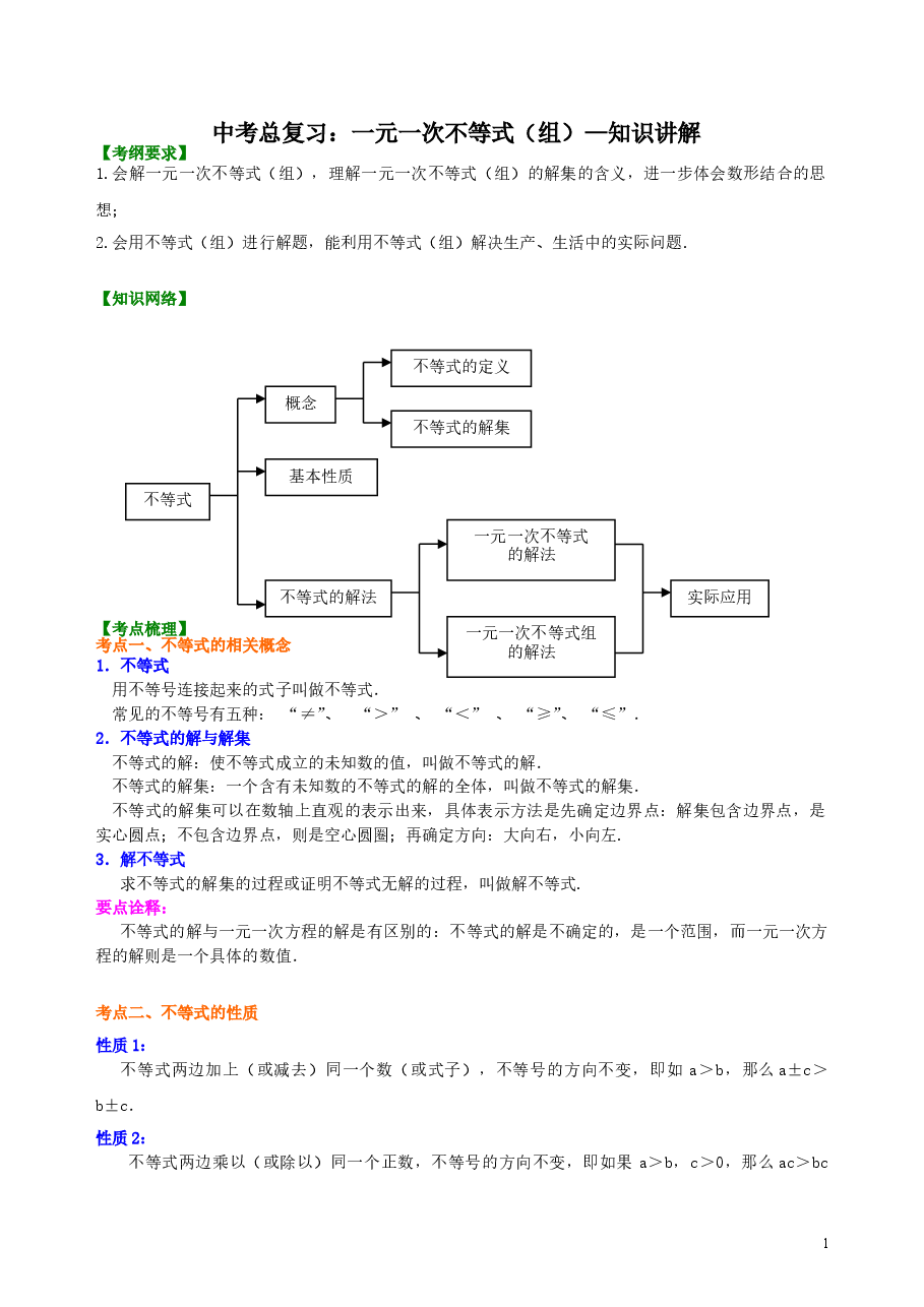 中考数学总复习：一元一次不等式（组）--知识讲解.doc，第1页预览