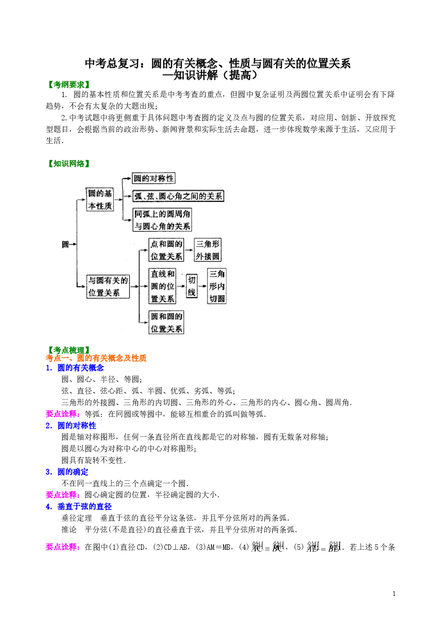 中考数学总复习：圆的有关概念、性质与圆有关的位置关系--知识讲解（提高）.doc，第1页预览