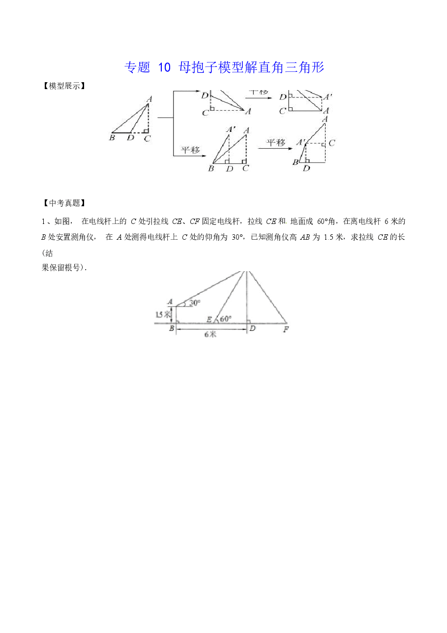 初中数学专题10 母抱子模型解直角三角形(学生版).docx,第1页预览