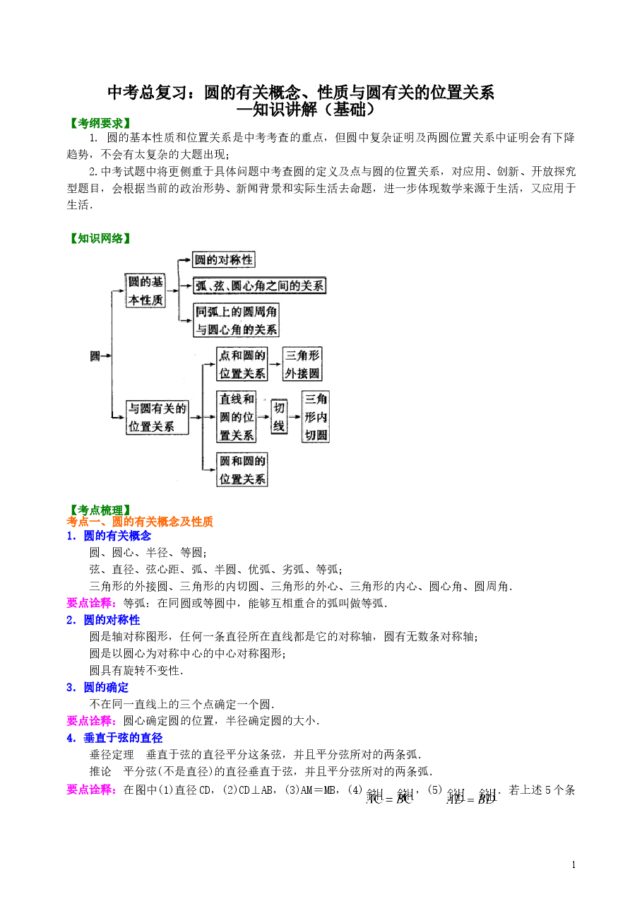 中考数学总复习:圆的有关概念、性质与圆有关的位置关系--知识讲解(基础).doc,第1页预览