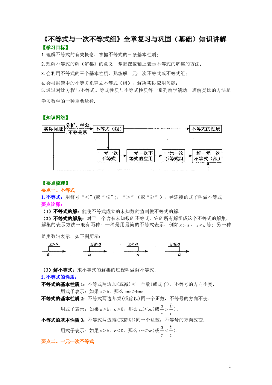 初中7年级(下册)《不等式与一次不等式组》全章复习与巩固(基础)知识讲解.doc,第1页预览