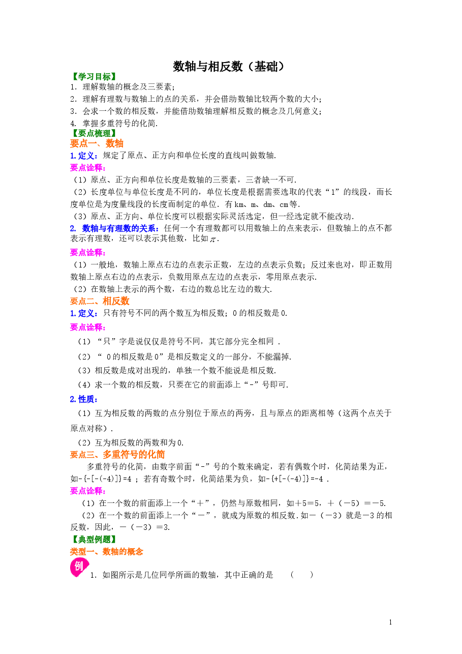 初中7年级(上册)数轴与相反数(基础)知识讲解.doc,第1页预览