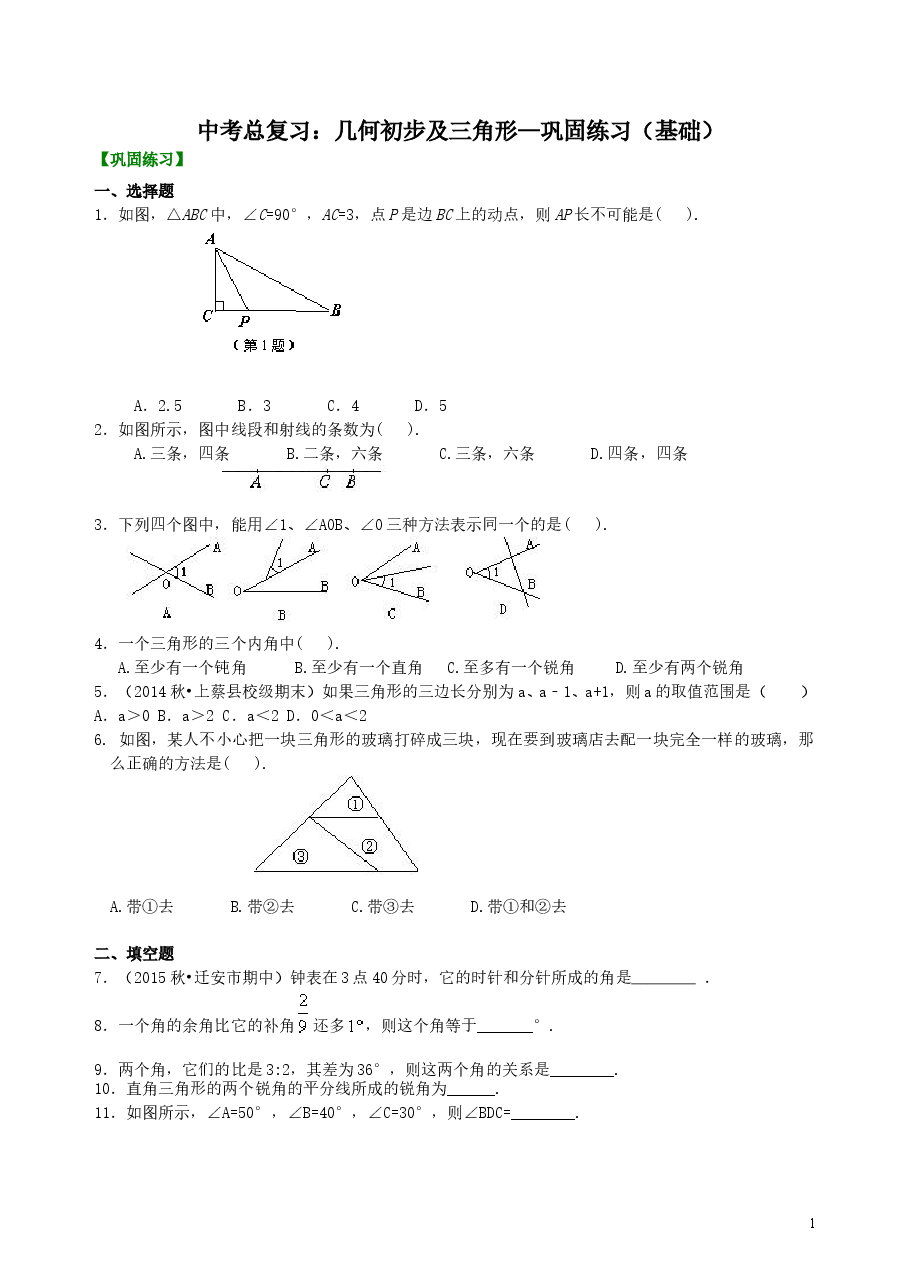 中考数学总复习:几何初步及三角形--巩固练习(基础).doc,第1页预览